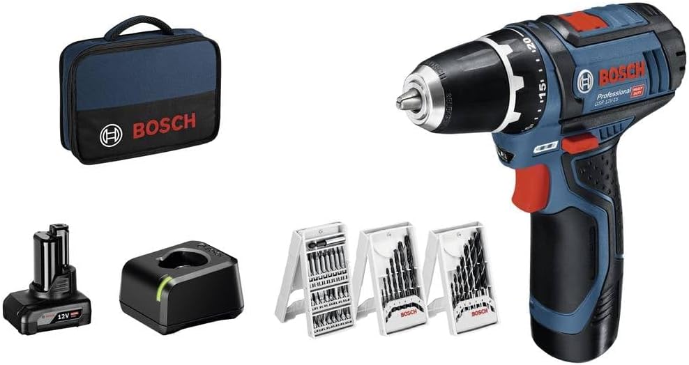 Bosch Professional 12V System Cordless Drill/Driver GSR 12V-15 (incl. 39-piece accessory set, 2.0Ah battery, 4.0Ah battery, GAL 12V-20 charger, tool bag)