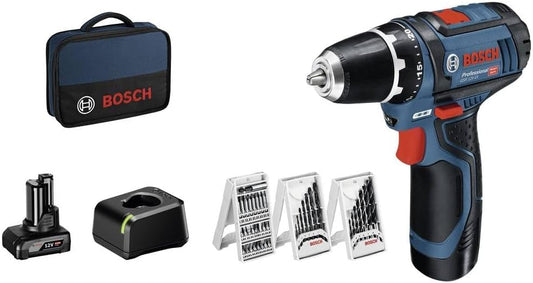 Bosch Professional 12V System Akku Bohrschrauber GSR 12V-15 (inkl. 39 tlg. Zubehörset, 2.0Ah Akku, 4.0Ah Akku, Ladegerät GAL 12V-20, Werkzeugtasche)