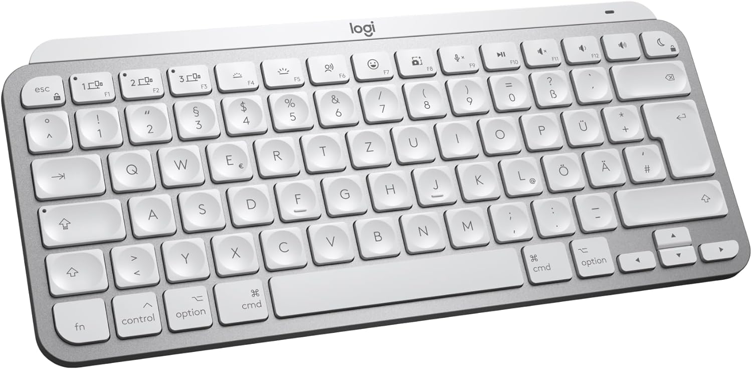 Logitech MX Keys Mini for Mac - Minimalist wireless keyboard, compact, Bluetooth, backlit keys, USB-C, compatible with MacBook Pro, MacBook Air, iMac, iPad, DEU QWERTZ, Pale Grey