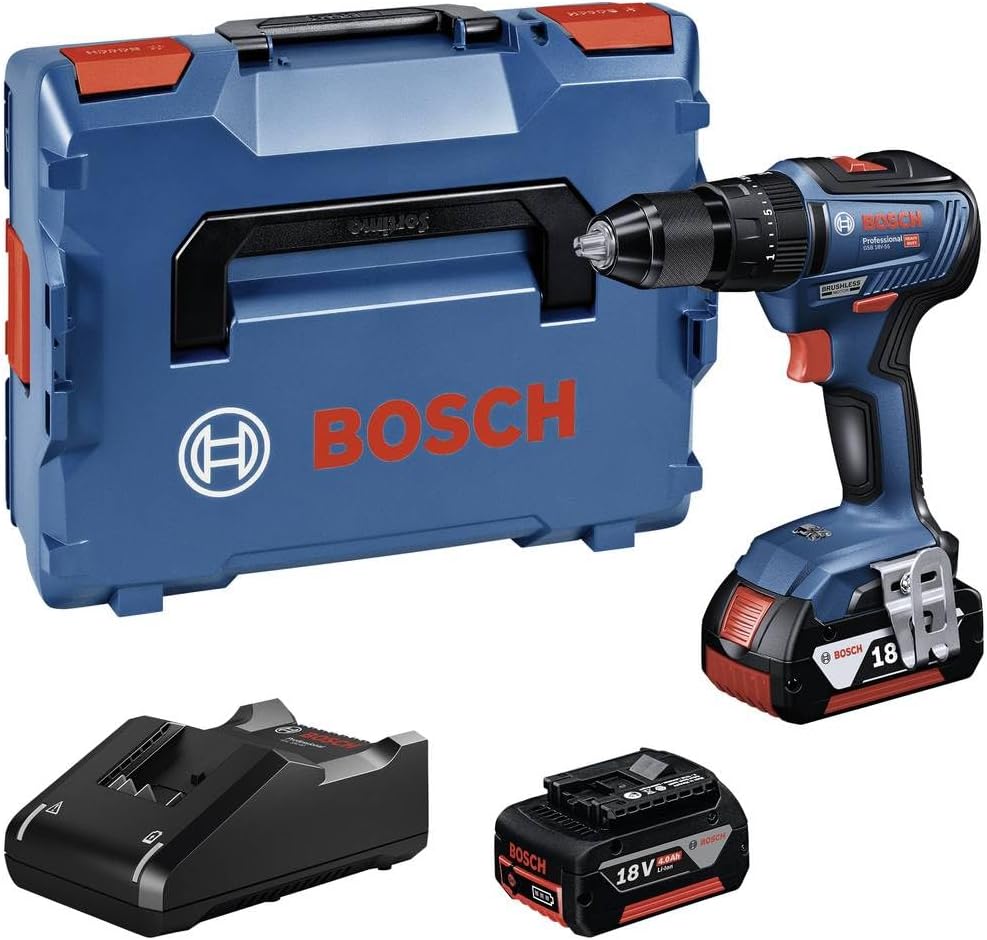 Bosch Professional 18V System Cordless Combi Drill GSB 18V-55 (max. torque 55 Nm, incl. 2x 4.0Ah batteries, GAL 18V-40 quick charger, L-BOXX)