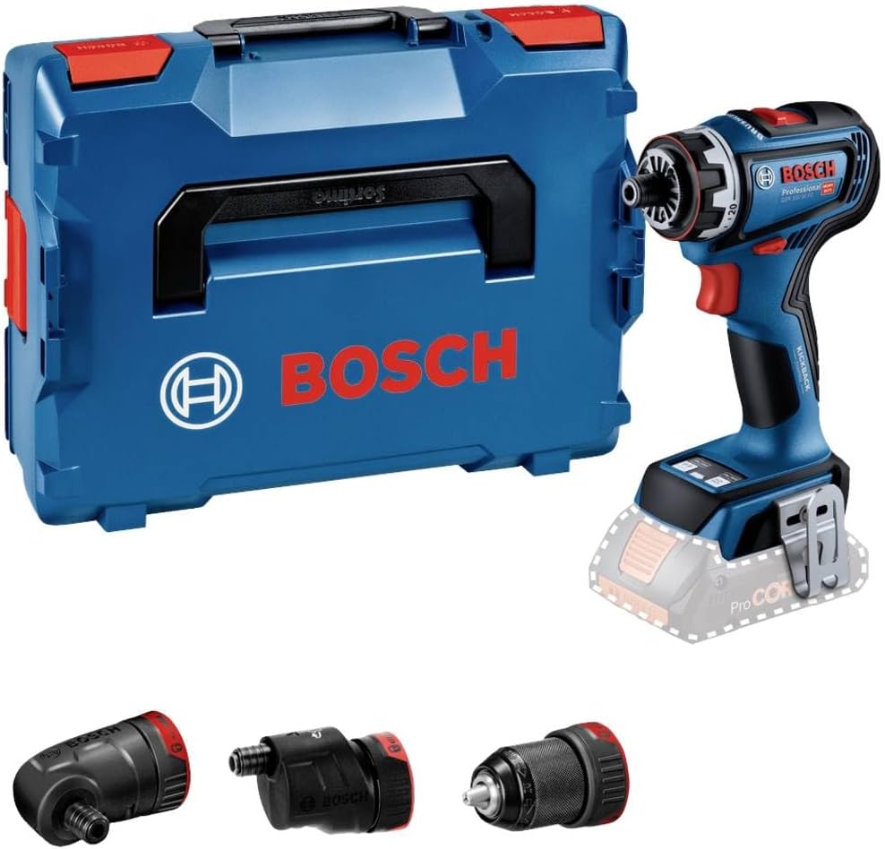 Bosch Professional 18V System Cordless Screwdriver GSR 18V-90 FC - FlexiClick System (incl. 1x metal chuck attachment GFA 18-M, 1x eccentric attachment GFA 18-E, 1x angle attachment GFA 18-W, L-BOXX)