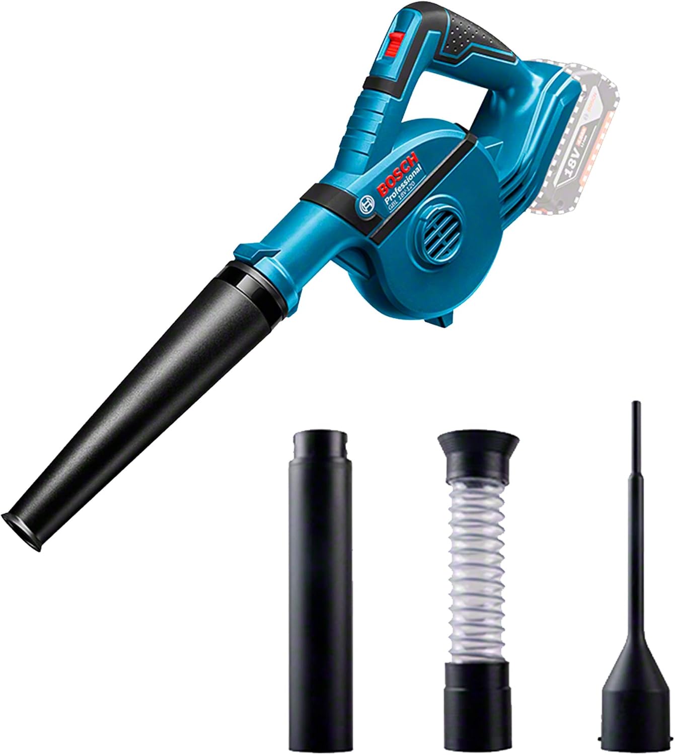 Bosch Professional 18V System Cordless Blower GBL 18V-120 (incl. 4x attachments, standard nozzle, extension tube, borehole nozzle, dust container, without battery/charger)