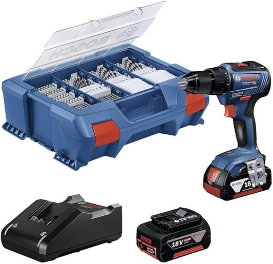 Bosch Professional 18V System Akku Bohrschrauber GSR 18V-55 (max. Drehmoment 55 Nm, 1.800 min⁻¹, inkl. 2x 4.0Ah Akku, Ladegerät GAL 18V-20, 82-teiliges Zubehör-Set, L-Case Pick & Click)