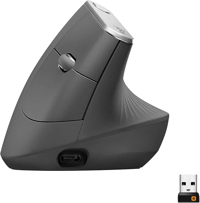 Logitech MX Vertical, Ergonomic Wireless Mouse, Bluetooth and 2.4 GHz connection via Unifying USB receiver, 4000 DPI sensor, Rechargeable battery, 4 buttons, Multi-device, PC/Mac/iPadOS - Graphite