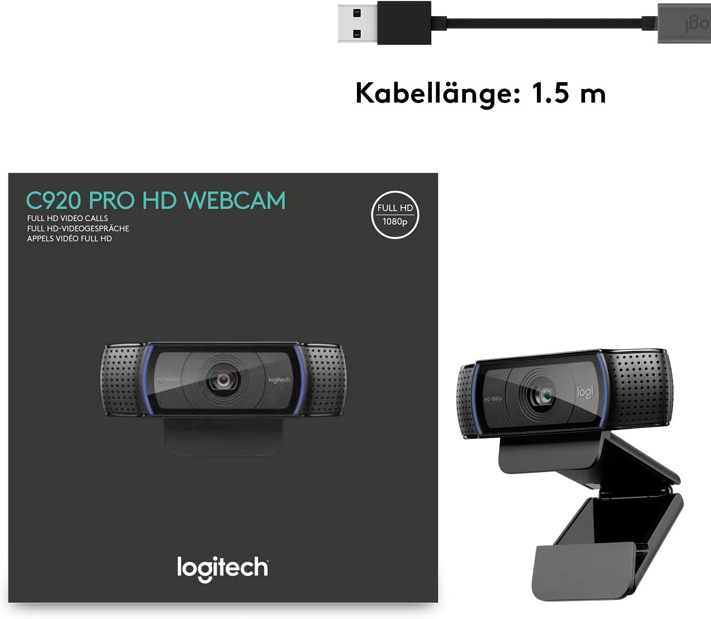 Logitech C920 HD PRO Webcam, Full HD 1080p, 78° field of view, autofocus, clear stereo sound, exposure compensation, USB connection, for Skype, FaceTime, Hangouts, etc., PC/Mac/ChromeOS/Android - Black