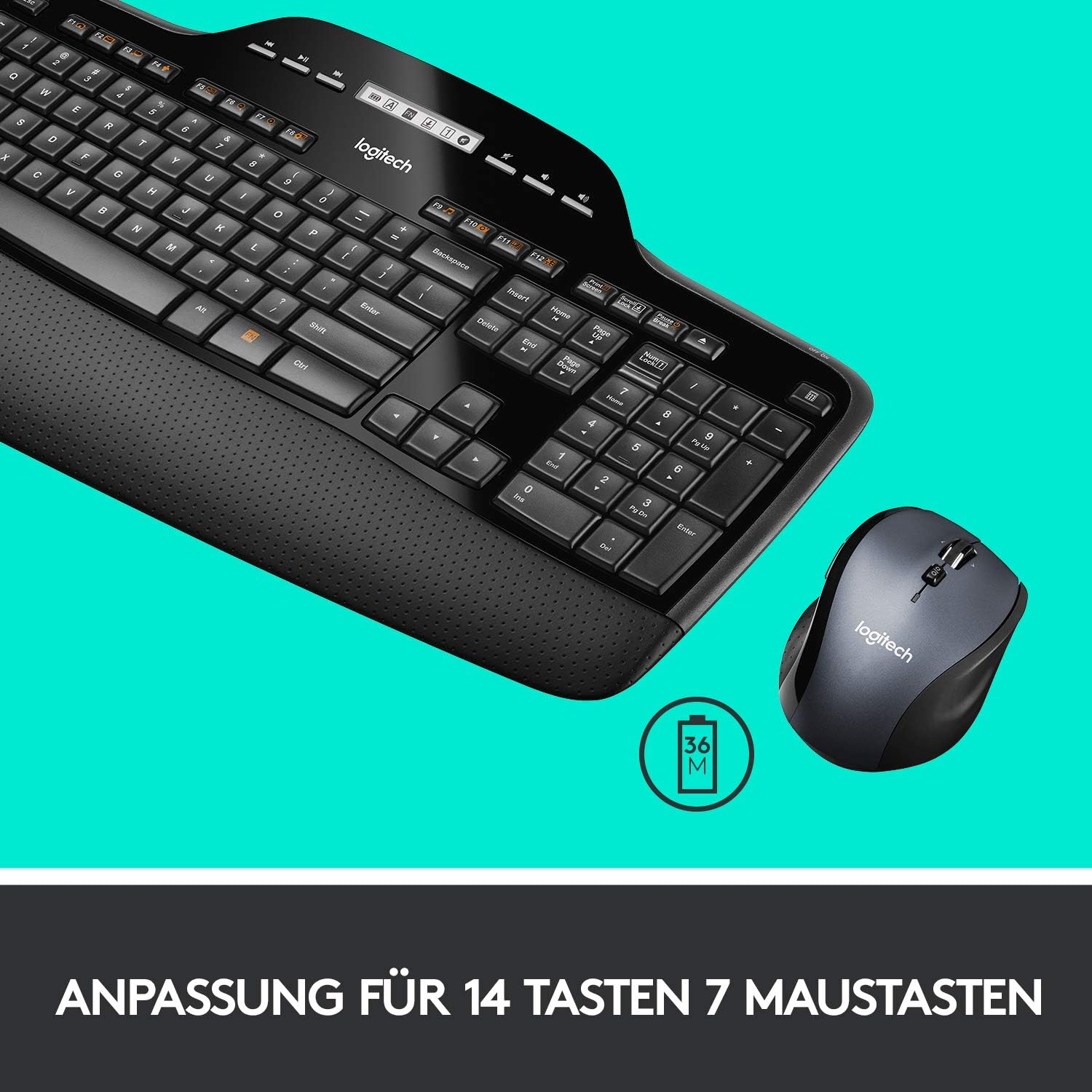 Logitech MK710 Wireless Keyboard and Mouse Combo, 2.4 GHz with Unifying USB Receiver, 3-Year Battery Life, LCD Battery Indicator, Palm Rest, PC/Laptop, German QWERTZ Layout, Black