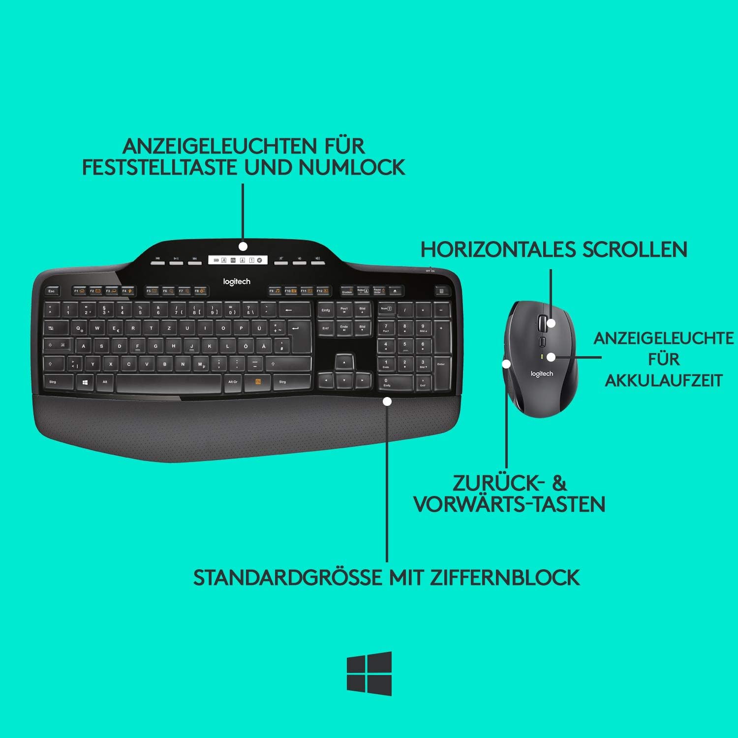 Logitech MK710 Wireless Keyboard and Mouse Combo, 2.4 GHz with Unifying USB Receiver, 3-Year Battery Life, LCD Battery Indicator, Palm Rest, PC/Laptop, German QWERTZ Layout, Black