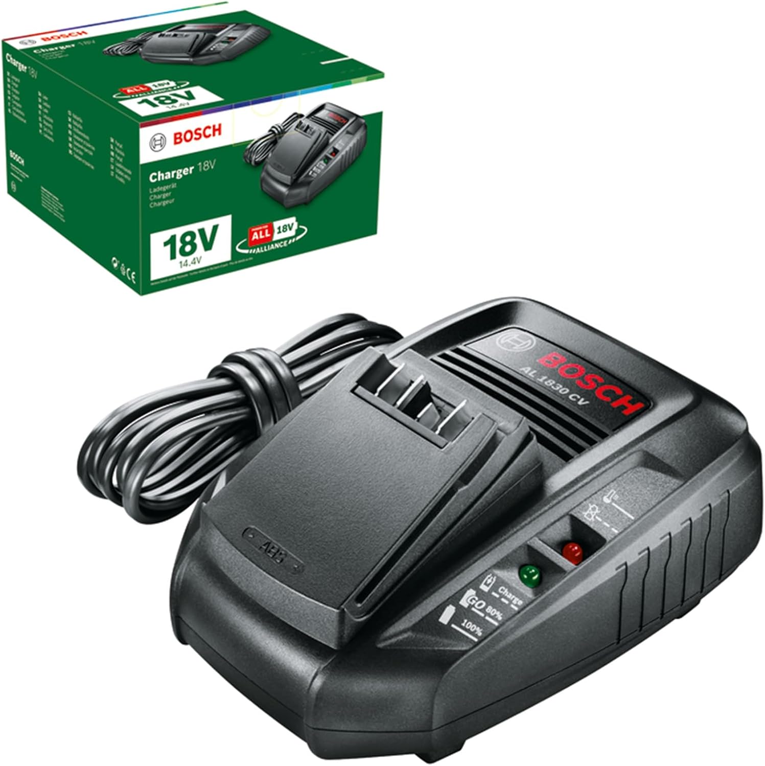 Bosch AL 1830 CV quick charger (without battery, 18-volt system, compatible with 18-V Power for All batteries, in a box)