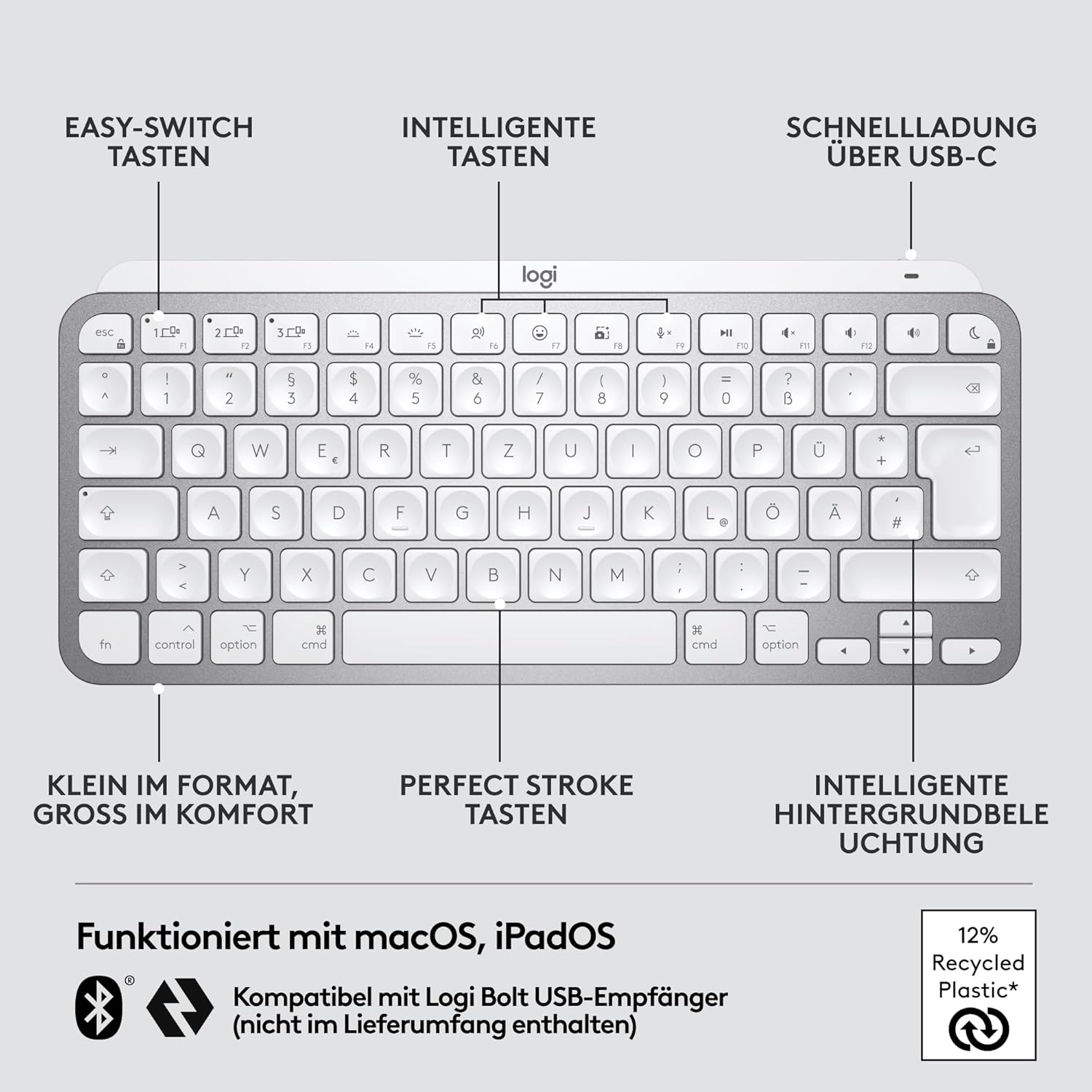 Logitech MX Keys Mini for Mac - Minimalist wireless keyboard, compact, Bluetooth, backlit keys, USB-C, compatible with MacBook Pro, MacBook Air, iMac, iPad, DEU QWERTZ, Pale Grey