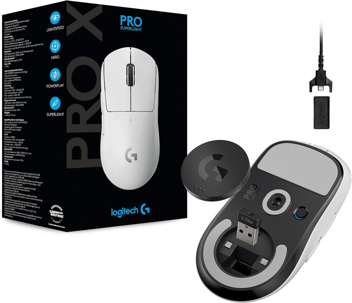 Logitech G PRO X SUPERLIGHT wireless gaming mouse with HERO 25K sensor, ultra-lightweight at 63g, 5 programmable buttons, 70-hour battery life, additive-free PTFE feet, PC/Mac - White
