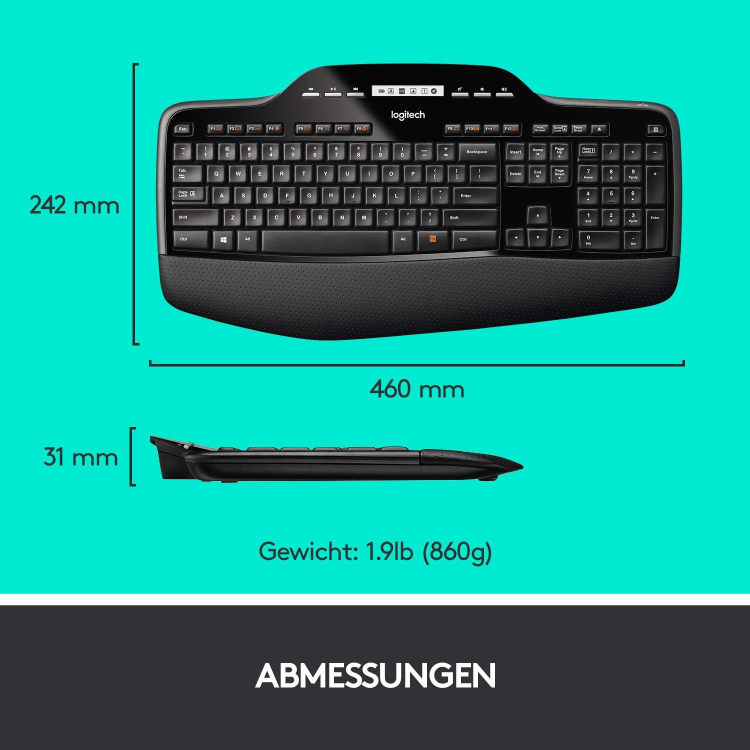 Logitech MK710 Wireless Keyboard and Mouse Combo, 2.4 GHz with Unifying USB Receiver, 3-Year Battery Life, LCD Battery Indicator, Palm Rest, PC/Laptop, German QWERTZ Layout, Black