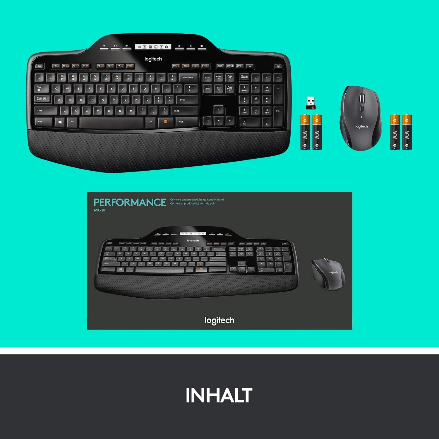 Logitech MK710 Wireless Keyboard and Mouse Combo, 2.4 GHz with Unifying USB Receiver, 3-Year Battery Life, LCD Battery Indicator, Palm Rest, PC/Laptop, German QWERTZ Layout, Black