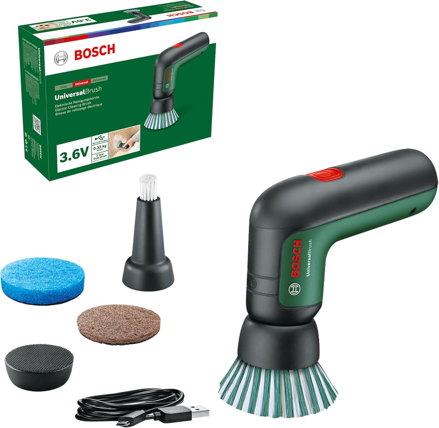 Bosch Home and Garden Cordless Cleaning Brush UniversalBrush (integrated 3.6 V battery, 1 micro USB cable and 4 cleaning attachments included, in the box) Green, Standard